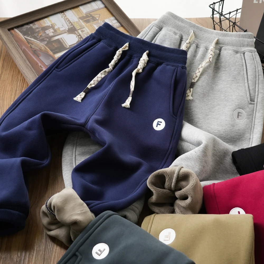 冬季儿童休闲加绒加厚裤子中大童F刺绣抽绳洋气卫裤24443