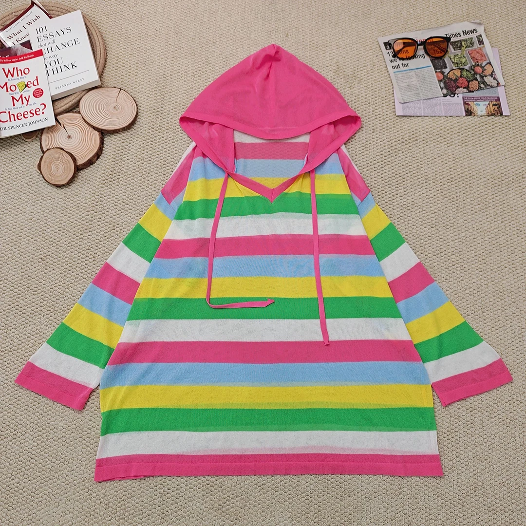 2025夏季新款时尚休闲连帽条纹防晒针织长袖2125