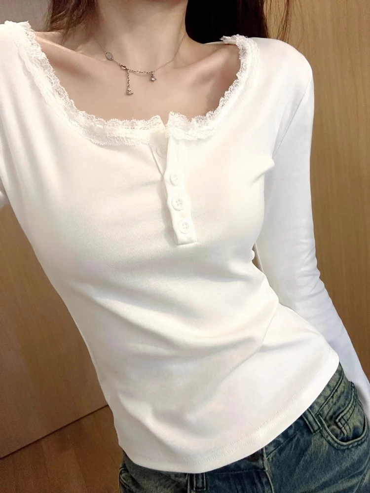 早春秋季绝美纯欲蕾丝花边显瘦打底衫女内搭长袖T恤正肩方领上衣