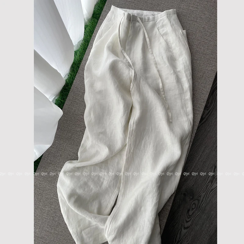 【100亚麻】夏季飘逸感白麻裤女 高腰窄版显瘦直筒拖地裤