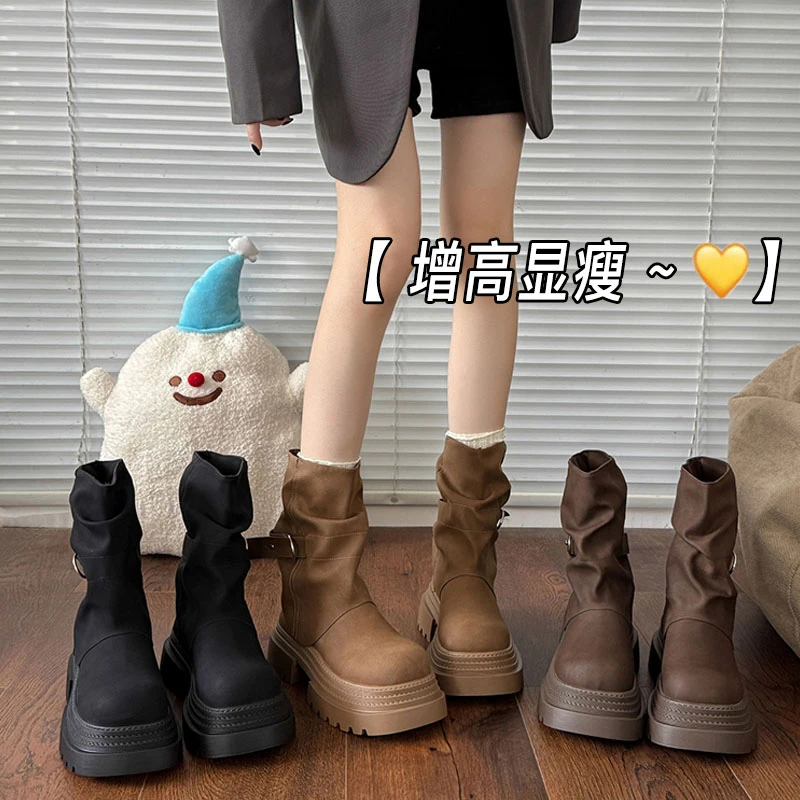 美拉德短筒马丁靴女2025秋冬季新款棕色英伦风复古圆头厚底裤管靴