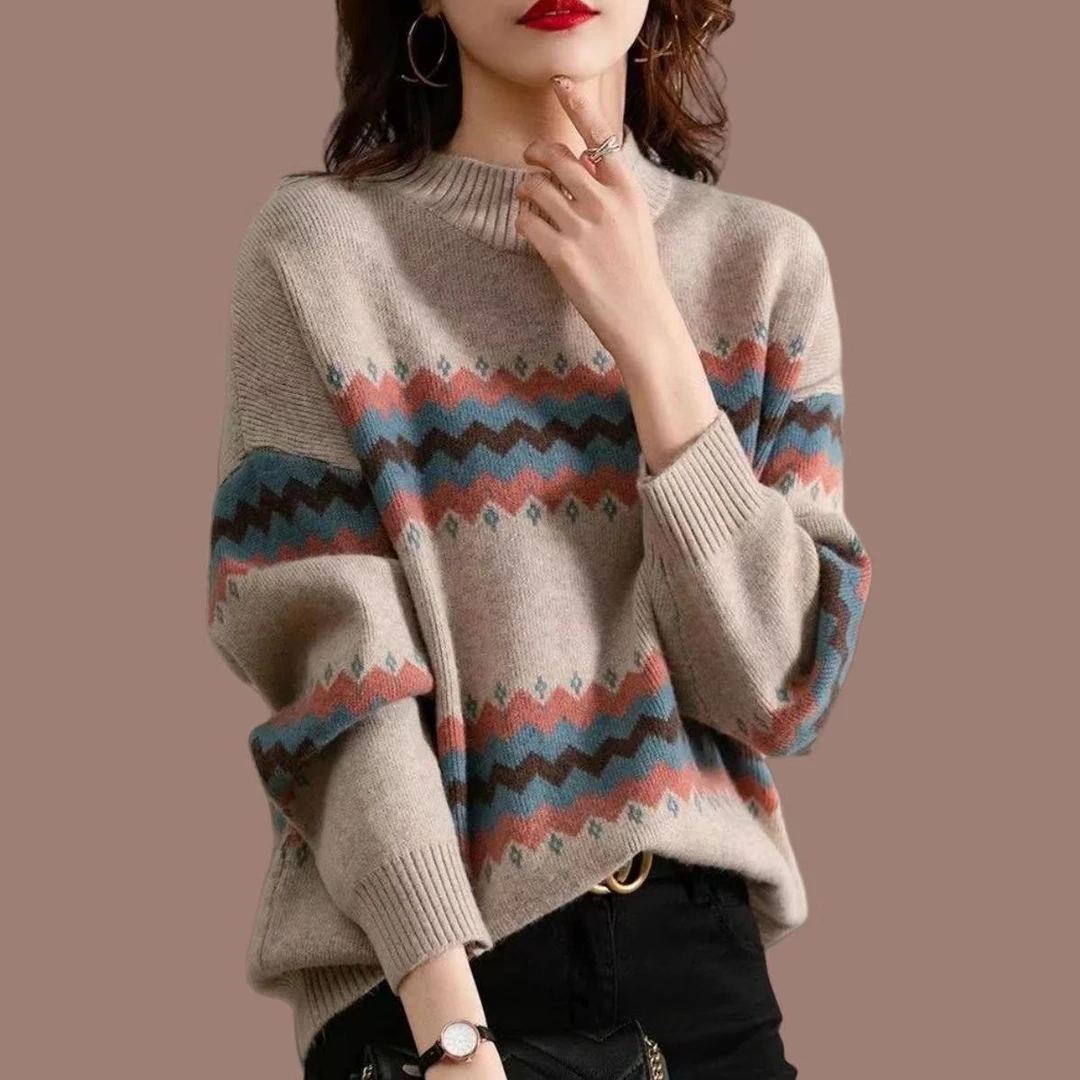 大码女装胖mm半高领毛衣宽松秋冬复古洋气上衣显瘦打底长袖针织衫