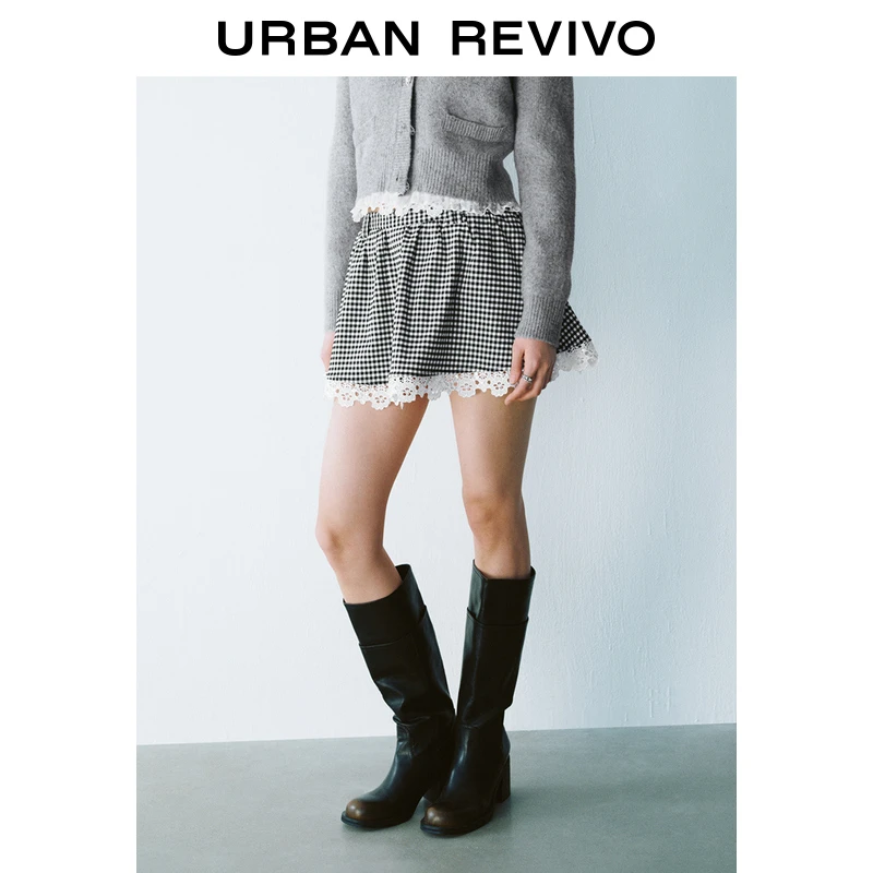 UR2025春季新款女装欧若风撞色格纹拼接蕾丝超宽松半裙UYU550017