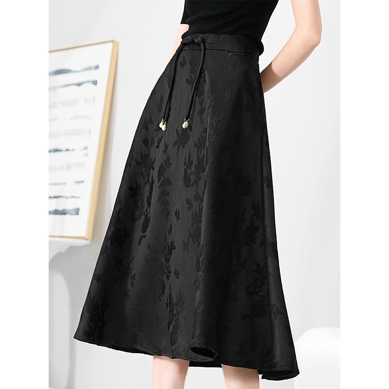 提花a字裙半身裙女2025春秋高腰显瘦遮胯国风中长款百褶伞裙垂感