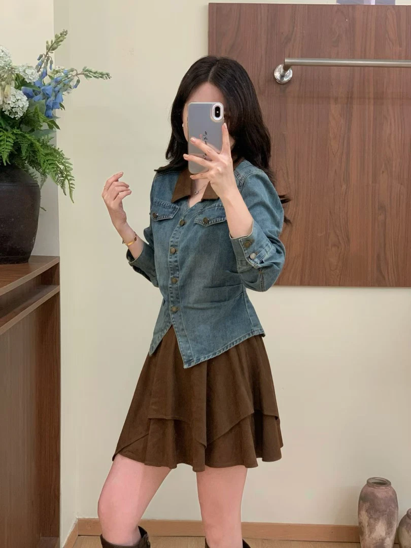 婳婳同款复古牛仔麂皮绒短裙套装女春秋时尚气质设计感十足