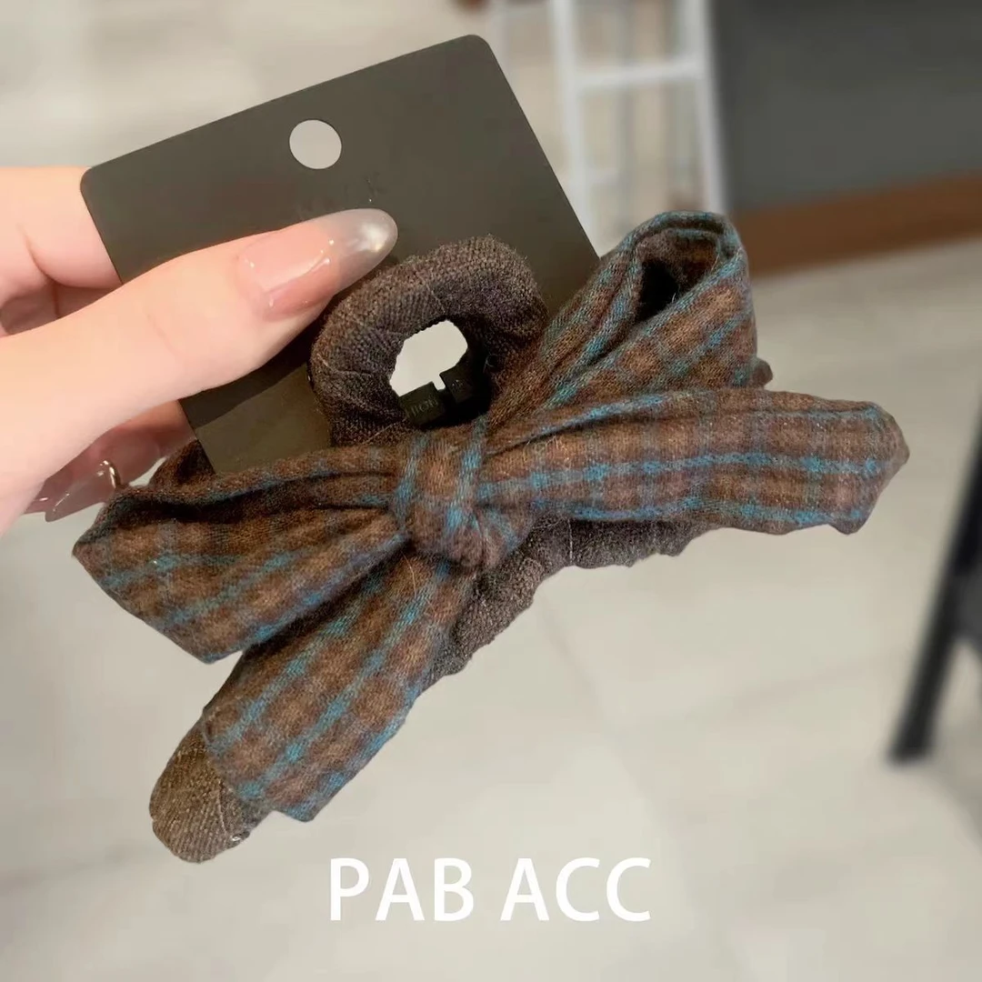 韩版发夹复古学院格纹蝴蝶结鲨鱼夹毛呢抓夹头饰秋冬后脑勺盘发夹