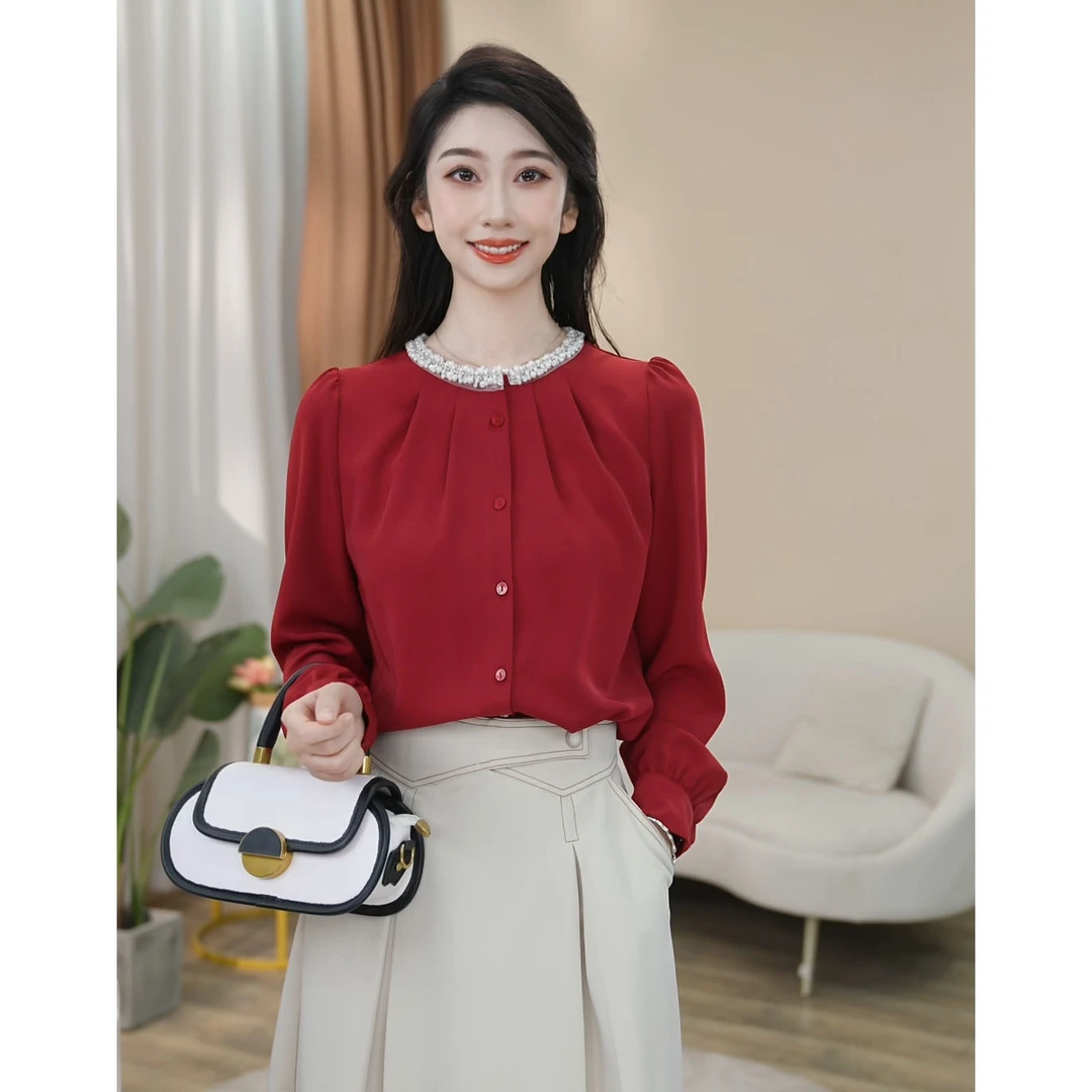 【曼贝】气质风长袖衬衫女百搭通勤设计感小众衬衣8591106【甜甜】