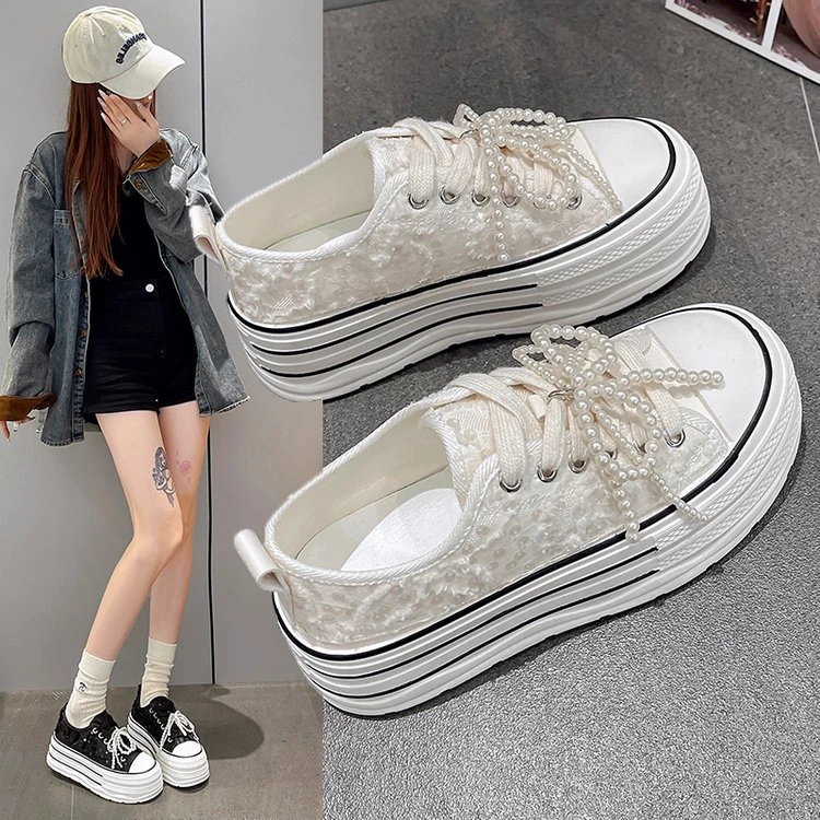 2025春秋新款亮片珍珠休闲鞋松糕鞋百搭厚底增高小白鞋女