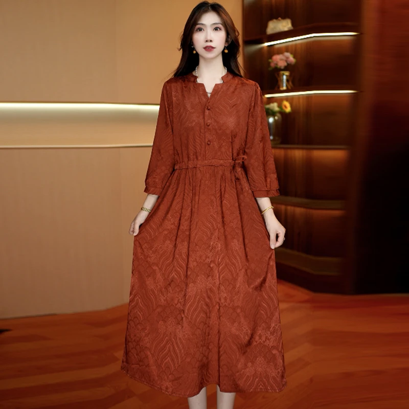 赤焰流纹 气质中长款时连衣裙百搭遮肉裙子