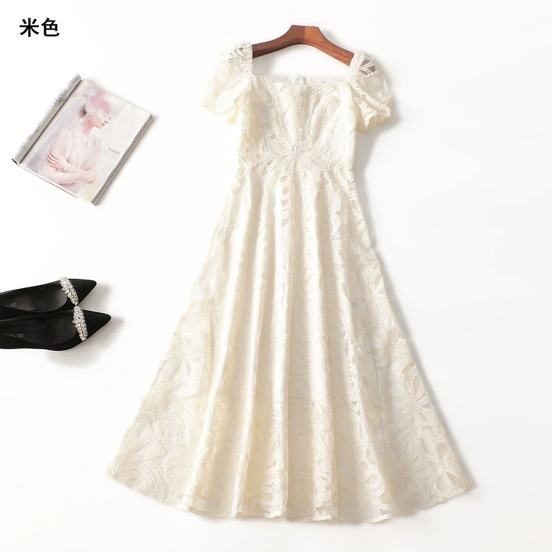 411932修身夏季加长款短袖V领气质碎花时尚连衣裙中长款蕾丝长裙