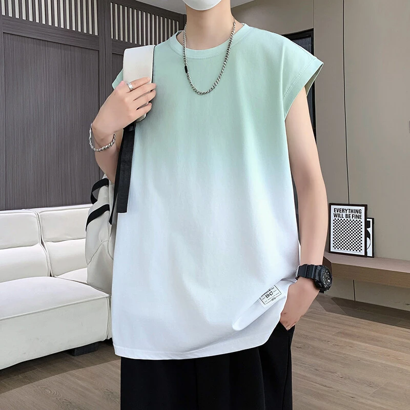 夏季新款2025青少年时尚坎肩无袖T恤圆领渐变色潮牌痞帅男生上衣