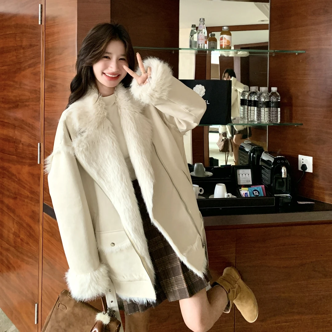 羽绒米白色宽松加厚保暖外套女2025冬季新款百搭工装派克服加绒