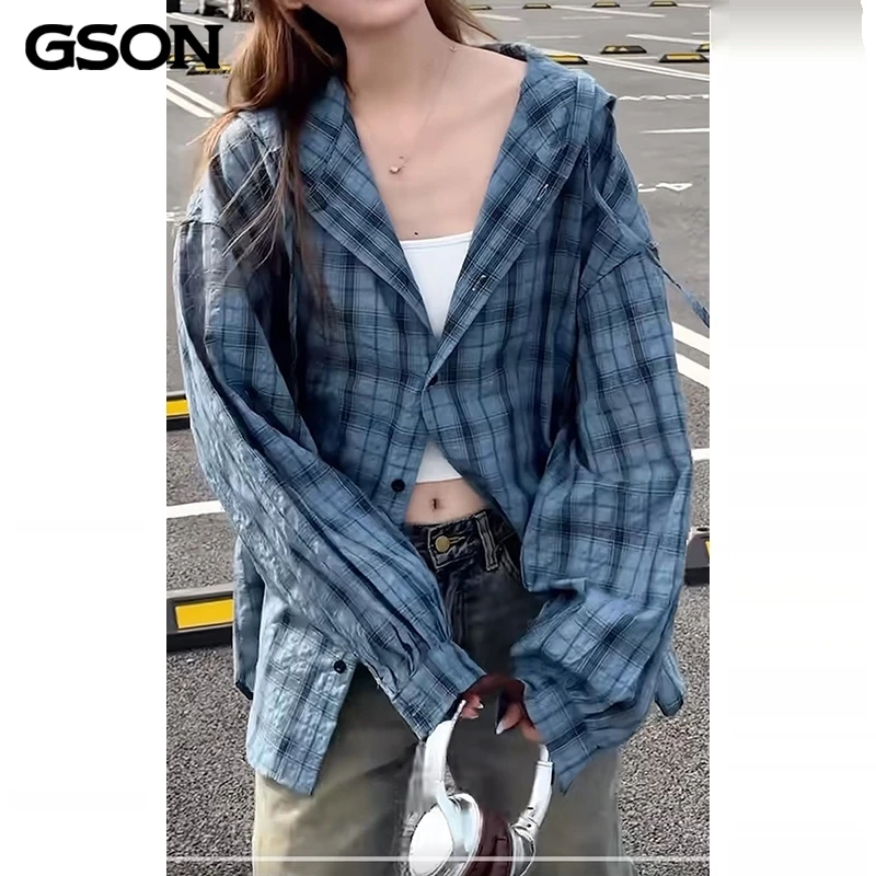 GSON连帽格子美式复古宽松长袖衬衫泡泡纱衬衣外套男女潮牌防晒衣