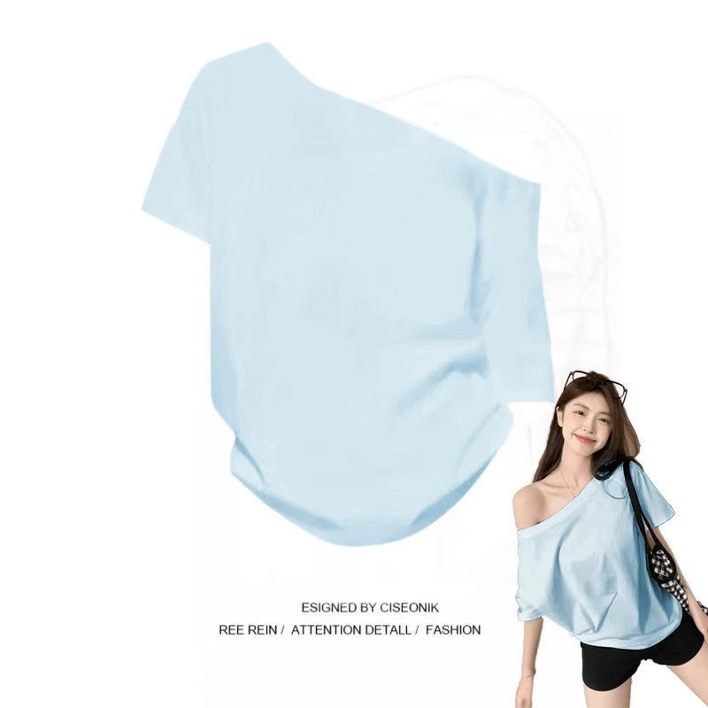 斜肩上衣短袖女t恤夏宽松露肩纯欲一字肩百搭感辣妹chic韩系体恤