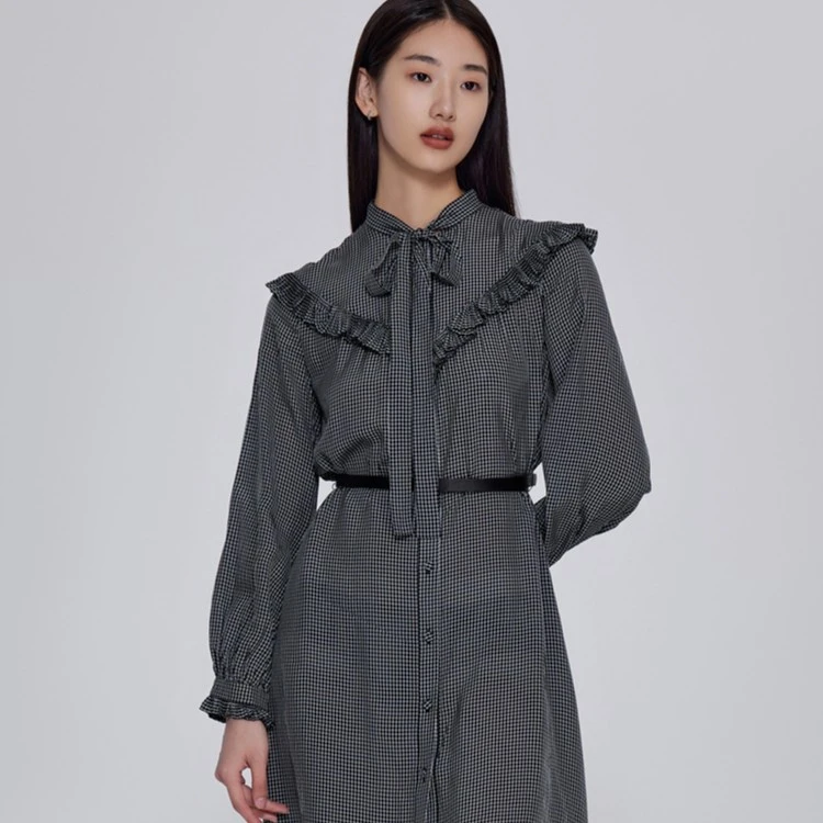 OBEG欧碧倩春秋季时尚格纹飘带设计感收腰连衣裙10423023
