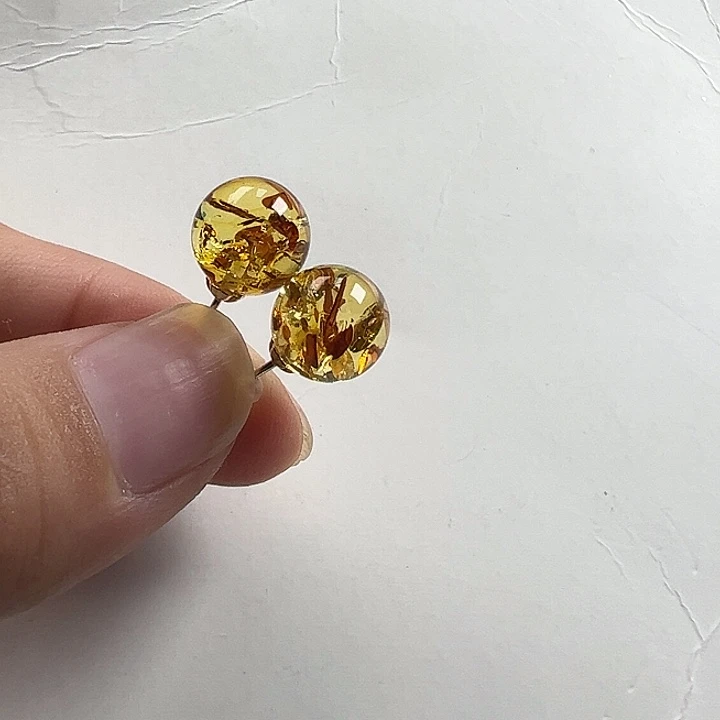 银S925镀金镶嵌琥珀（花珀）耳饰