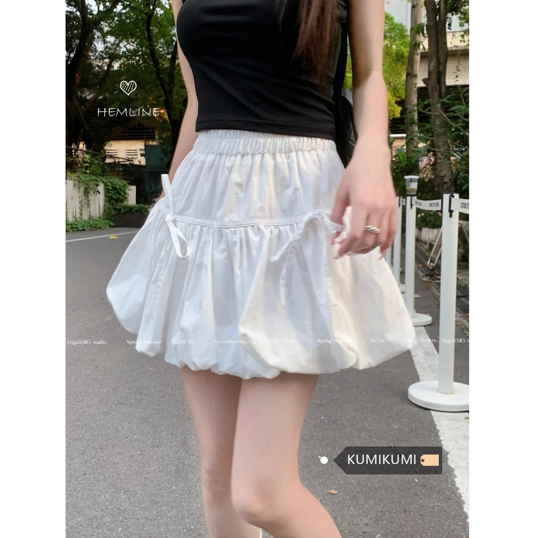 白色短裙甜美风花苞裙女松紧腰褶皱半身裙夏季小个子蝴蝶结A字裙