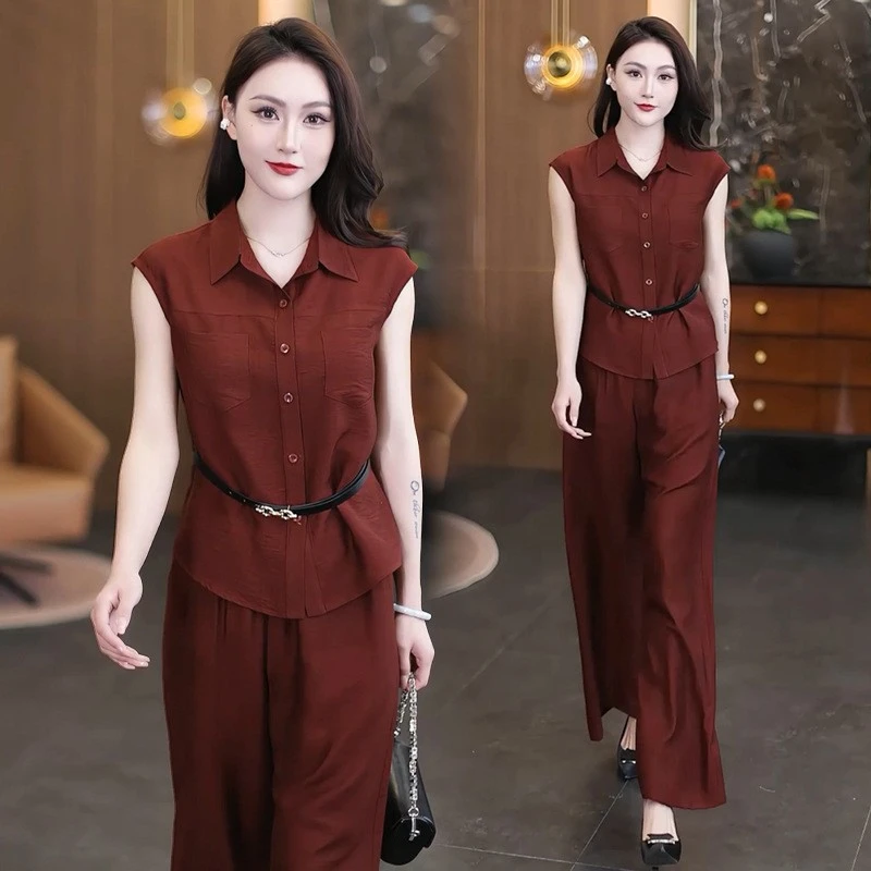 时尚套装女2025夏季新款洋气显瘦无袖衬衫上衣阔腿裤百搭两件套潮