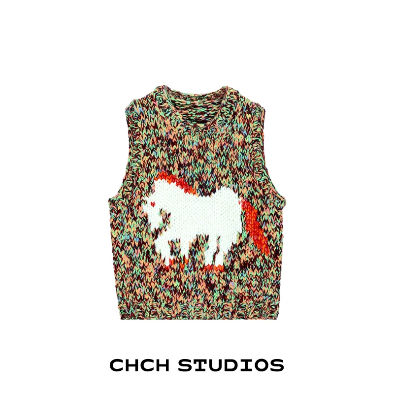 RAMJ113781休闲圆领无袖毛针织衫背心2025年秋冬提花宽松马甲上衣