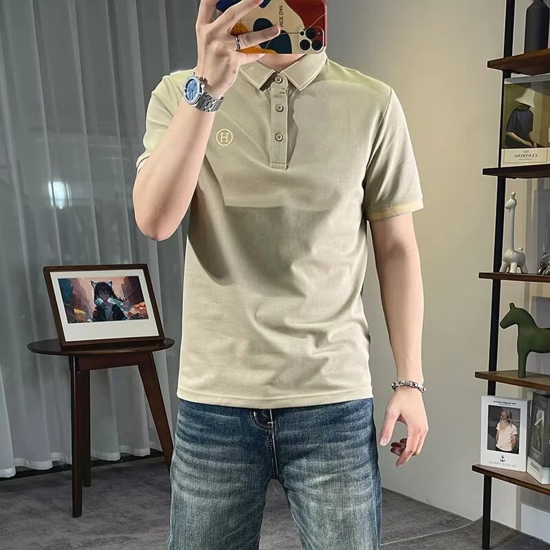 外贸商务衫夏季男装短袖T恤刺绣翻领大码POLO衫潮流纯色 男装上衣