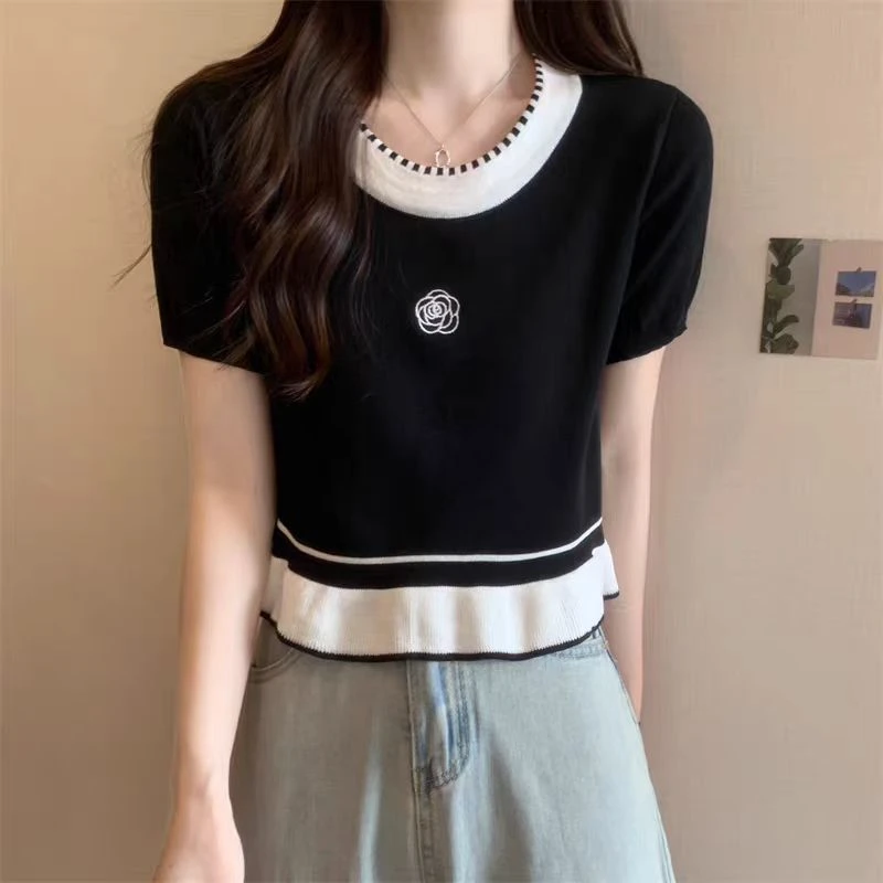 黑色时尚百搭短袖t恤女爆款夏季洋气独特别致撞色气质短款女上衣
