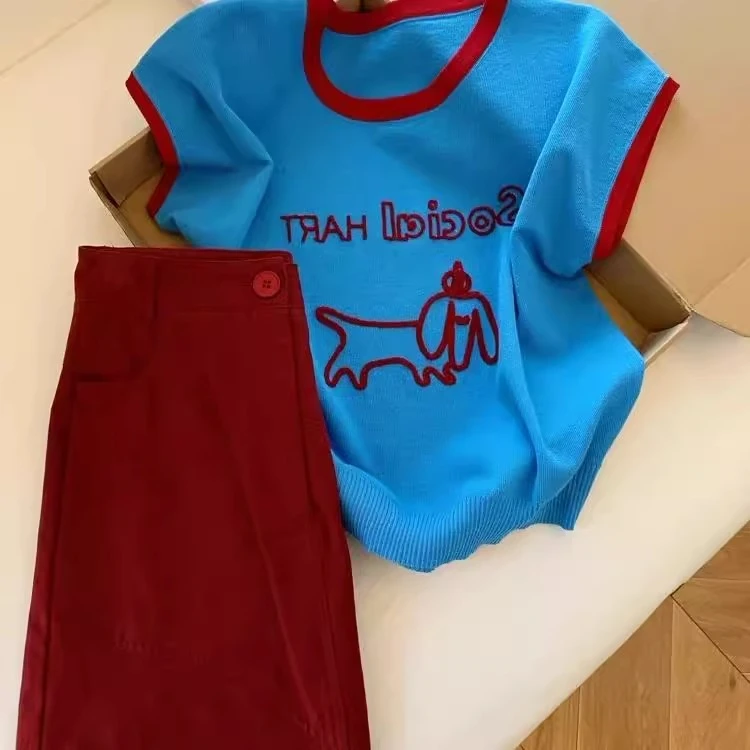 好听鸭推荐克莱因蓝小狗坎肩短袖T恤女2025夏新款甜酷气质针织衫