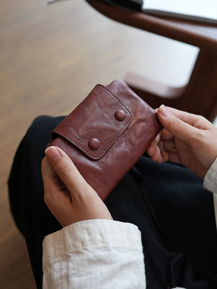 rich~小荷包植鞣复古褶皱短款两折钱包ins银行卡随身便携口袋钱夹