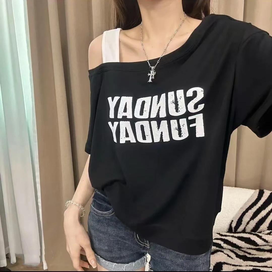 特大码斜肩吊带短袖t恤女夏季新款时尚宽松显瘦休闲百搭300斤上衣