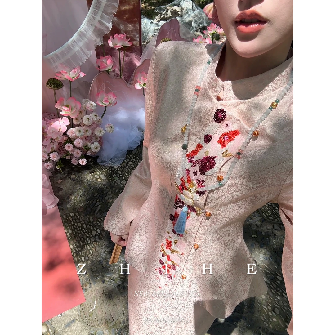 无艳一禾【山花纪】金线人丝棉提花珠片绣收腰外套+半裙