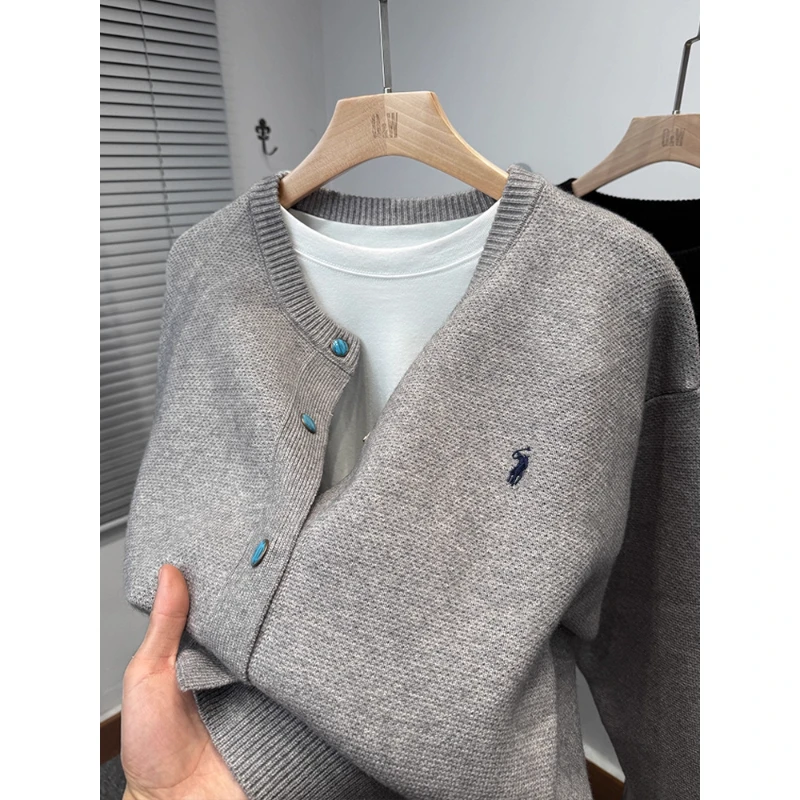 爆款品牌刺绣保罗开衫男针织衫秋季新款圆领毛衣外套男装宽松休闲