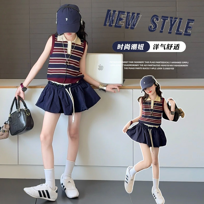 女童夏季时髦无袖polo衫套装夏装中大儿童洋气薄款时尚花苞短裙潮