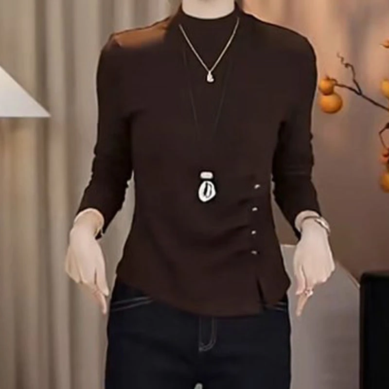 流光风不规则开叉打底上衣秋季2025胖mm高级感半高领女士长袖T恤