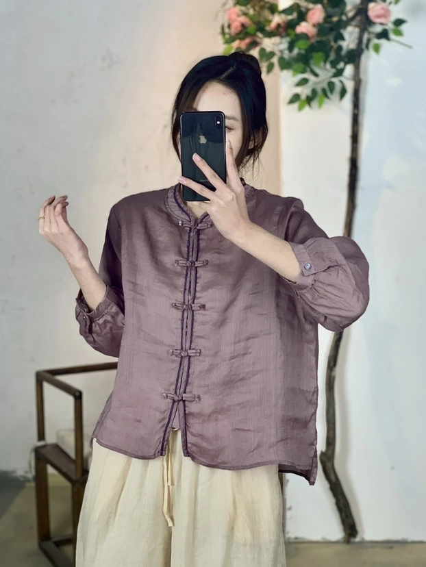 A101-A200复古苎麻印花上衣 下播勿拍 粉丝专享小衫大码宽松麻衣