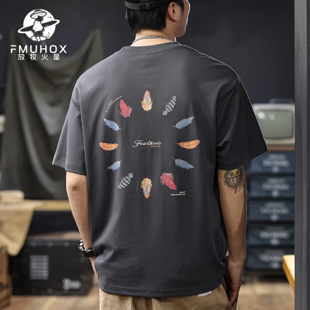 @放牧火星 美式复古重磅短袖T恤男2025夏季新款潮流印花男士半袖