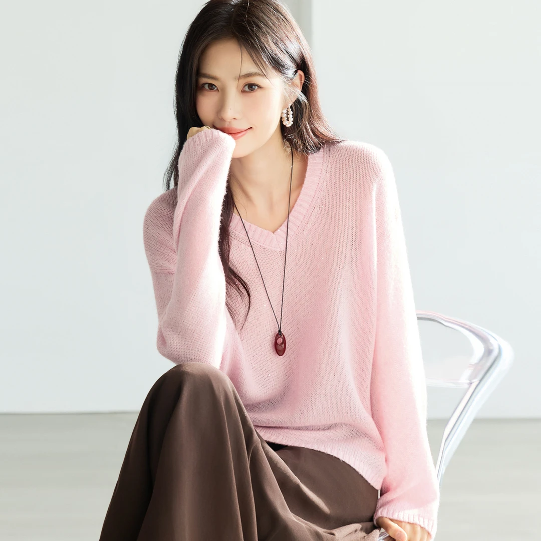 伊芙丽V领金银丝珠片粉色减龄针织衫2026春季新款毛衣1H1930121