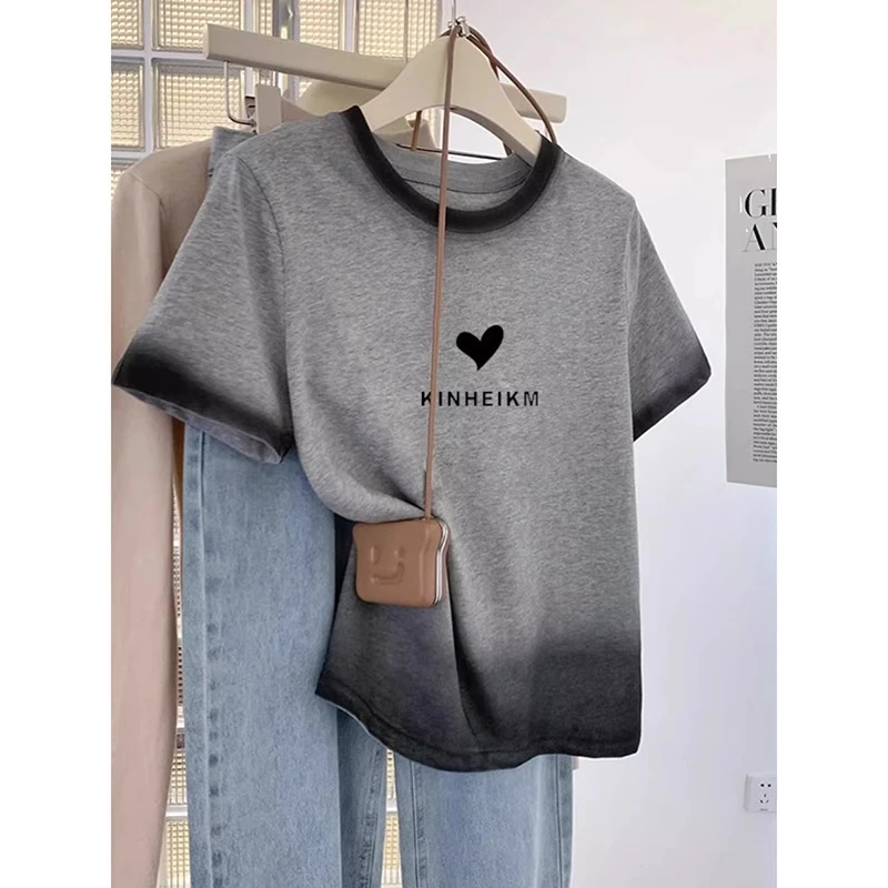 特大码300斤2025夏季新款法式复古胖mm渐变灰色短袖T恤正肩上衣女