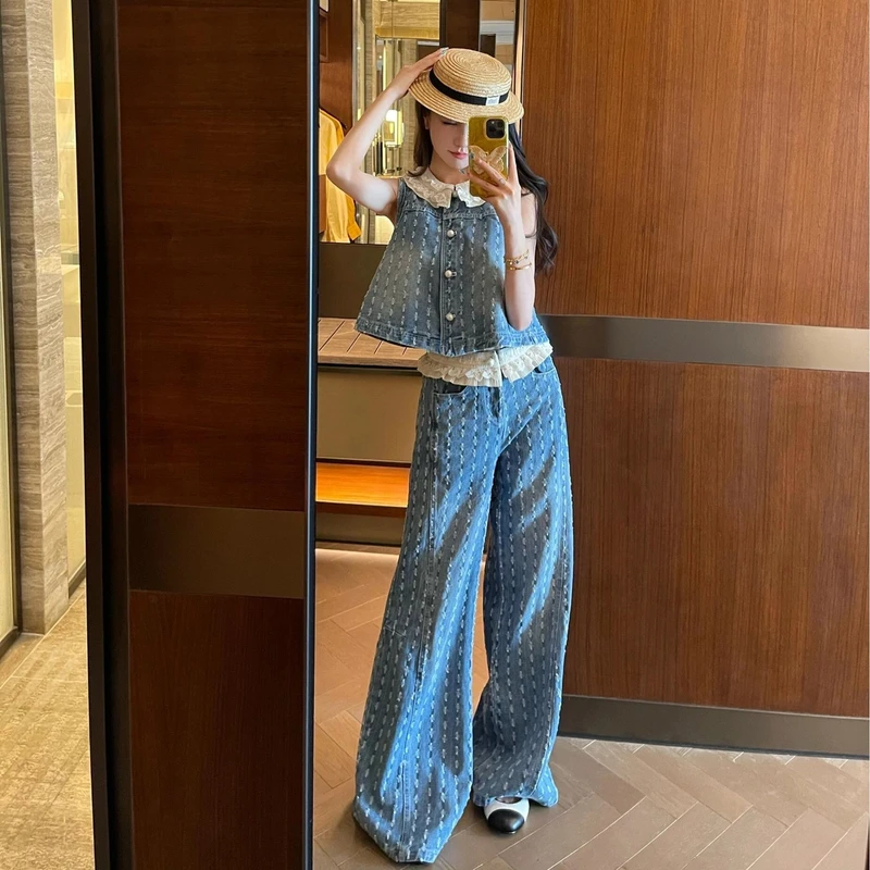 【浪漫春夏】2025氛围感减龄蕾丝花边牛仔马甲配高腰阔腿裤两件套装