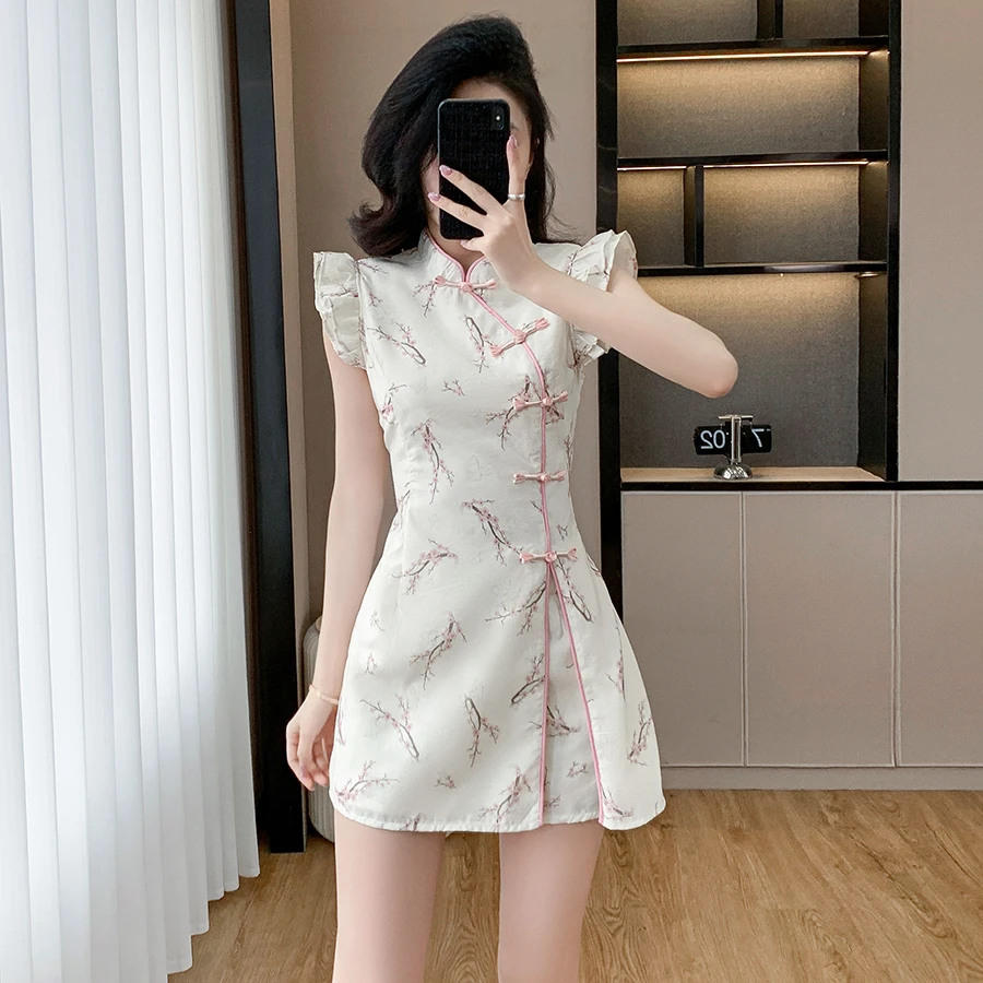 173小夕2025年夏季新款时尚改良旗袍飞飞袖甜美新中式连衣裙短裤A