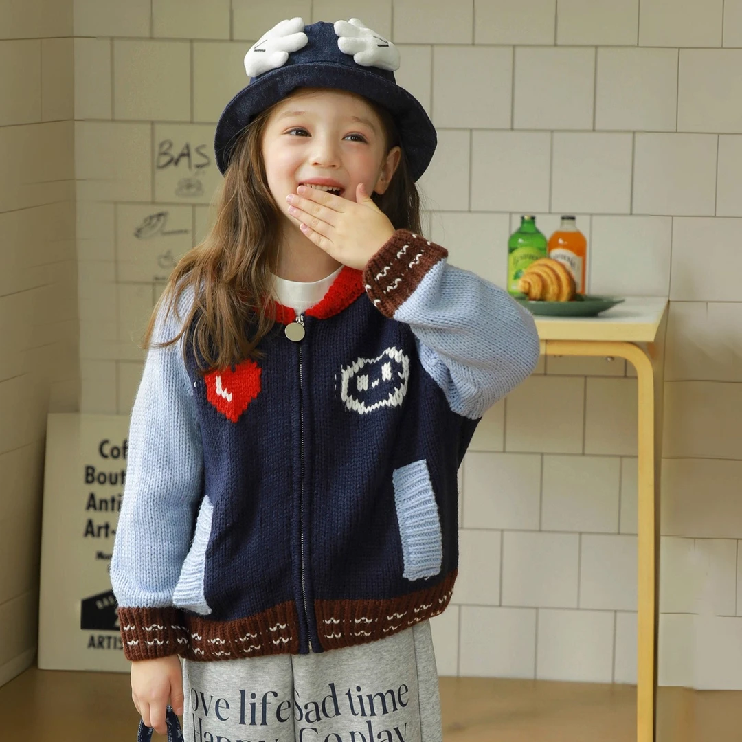ASLN女童秋装2025新款~浅秋系杜维埃蓝艺术毛衣儿童开衫宝宝外套