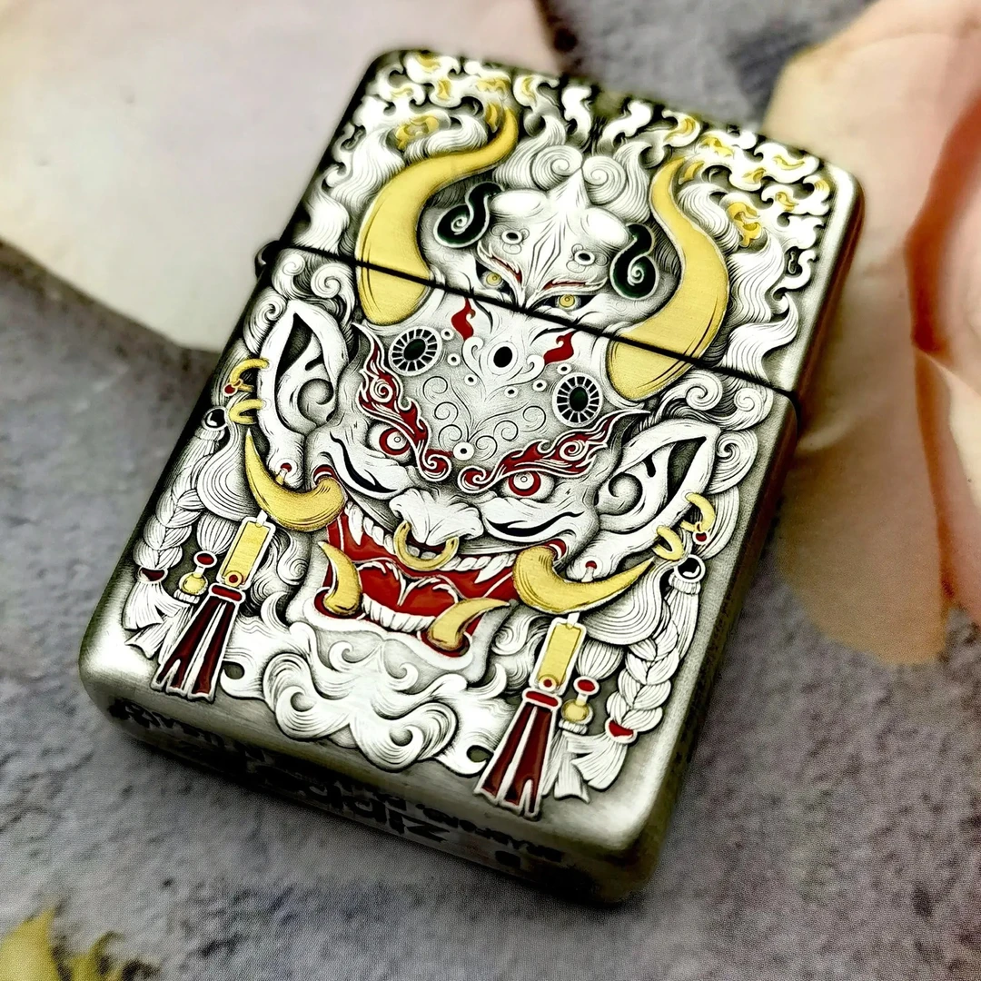 ZIPPO打火机般若面具盔甲熏银鎏金填彩打火机送男友经典个性礼物
