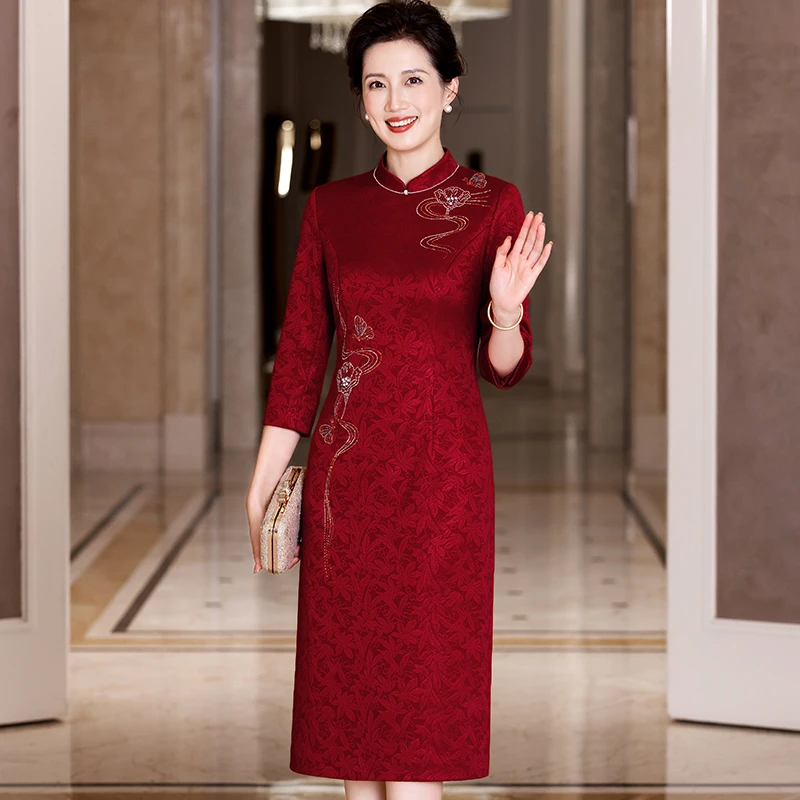 婚礼喜婆婆喜服2025秋装新款旗袍改良裙喜妈妈婚宴礼服6XL大码