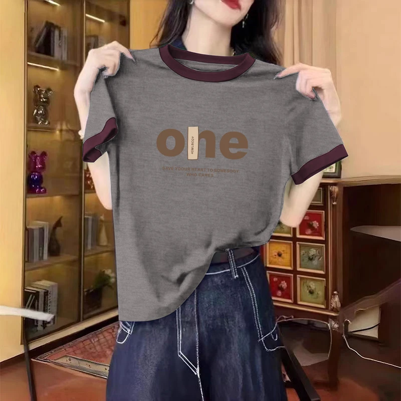 纯棉撞色短袖t恤女2025年夏季新款爆款宽松显瘦洋气正肩上衣体恤