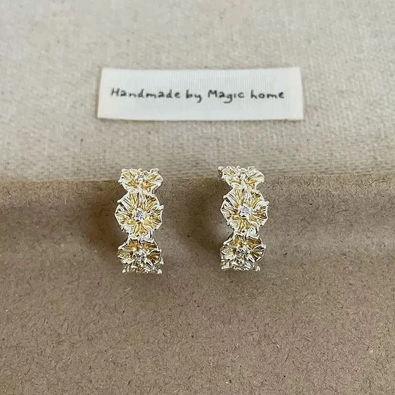 铜合金耳饰 复古做旧中古风金属花朵小众肌理感耳圈耳饰J07