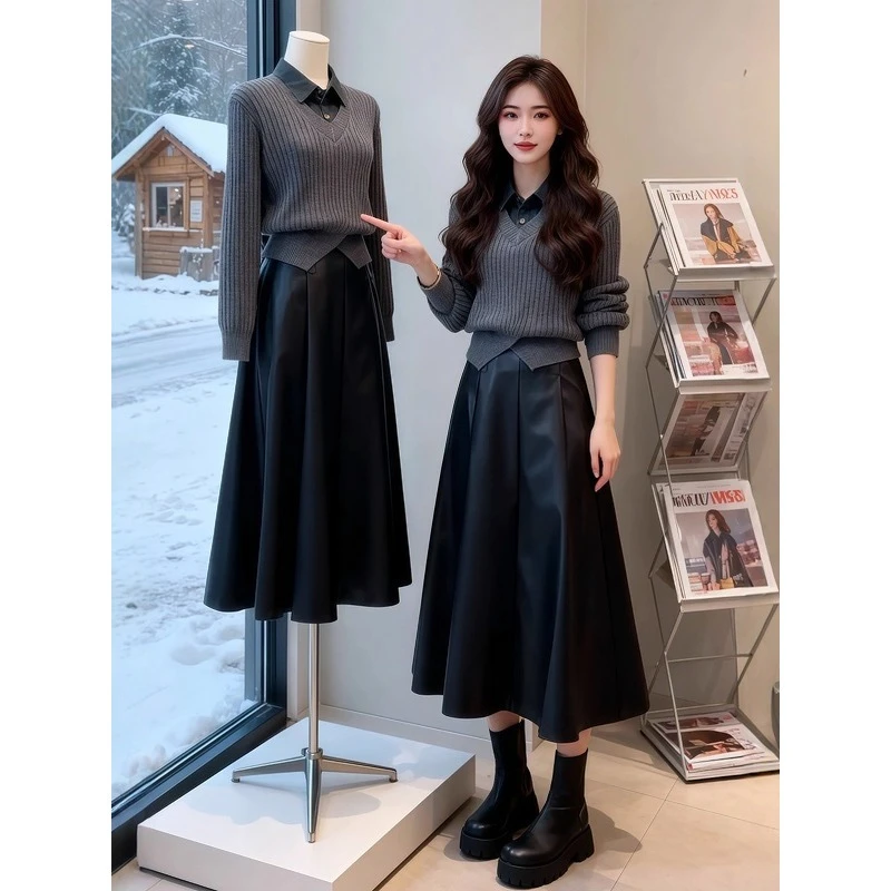 秋冬设计感假两件毛衣女2025新款高级感针织衫上衣搭半身皮裙套装