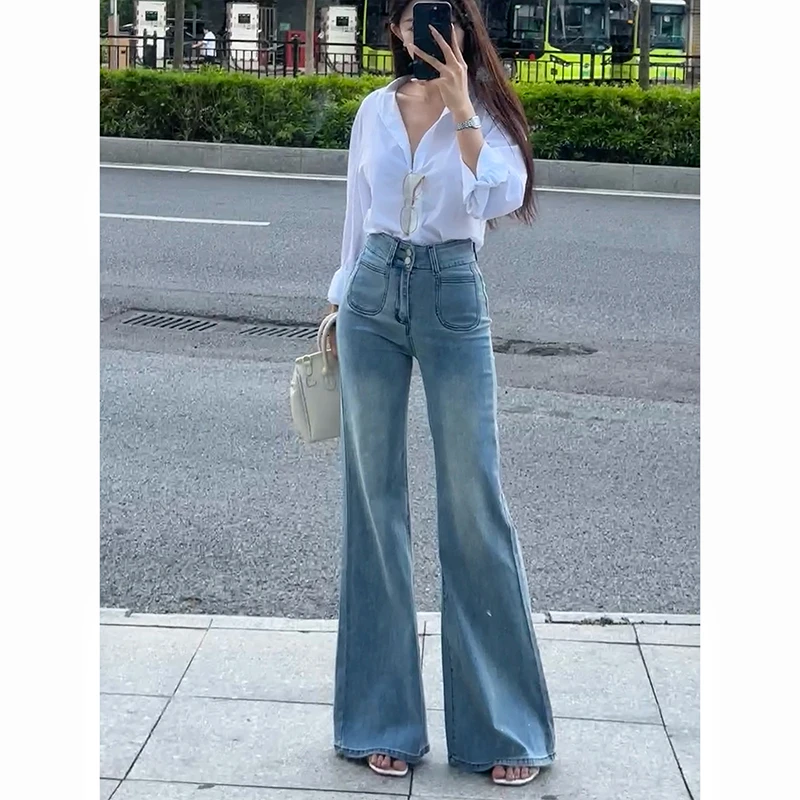 气质百搭休闲高腰微喇牛仔裤女2025年夏季新款小个子显瘦拖地长裤