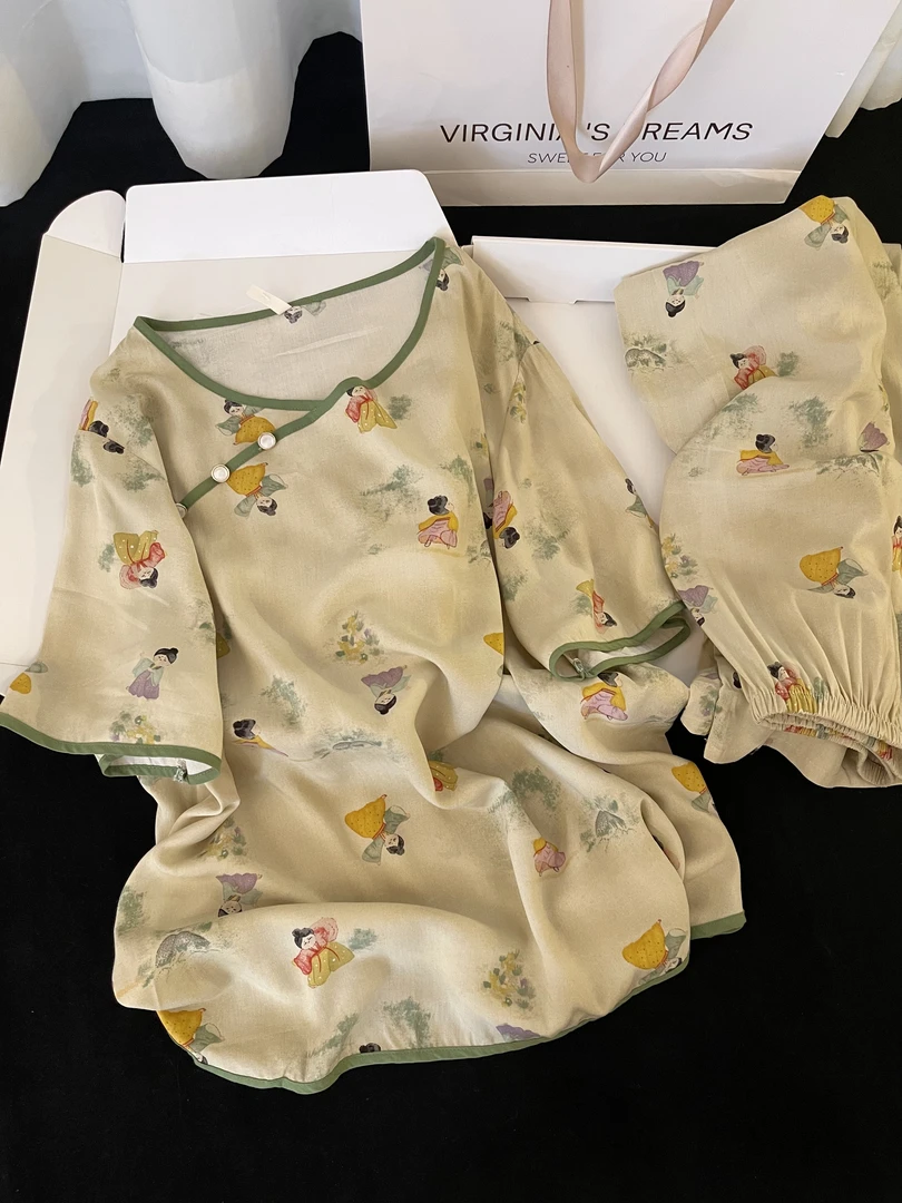 【DMXJ大梦想家】新中式国风卡通动漫印花睡衣女早秋宽松奢华家居服