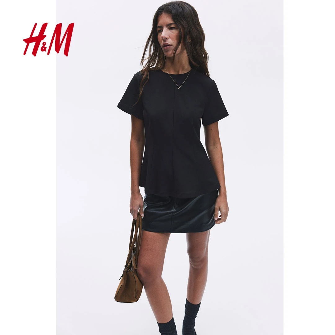 【达】HM女装2025春夏新款圆领短袖汗布修身收腰上衣1277321