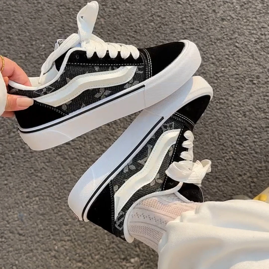 韩版男女情侣款拼接印花板鞋帆布鞋学生百搭韩版港风运动休闲鞋