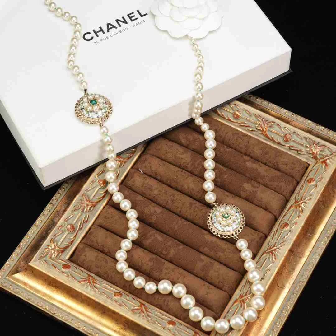 95新 Chanel/香奈儿 柚礼中古/香奈儿粗花呢绿色圆盘珍珠项链xp