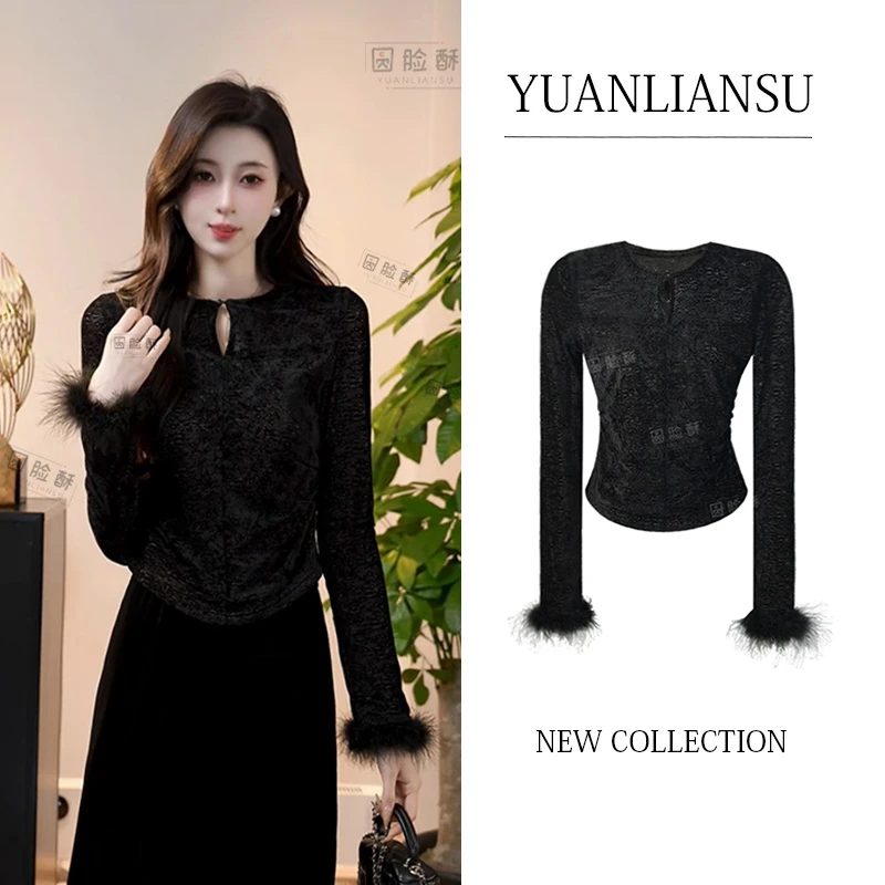 YUANLIANSU/圆脸酥【暮月流年】新中式国风黑色镂空长袖显瘦衬衫女